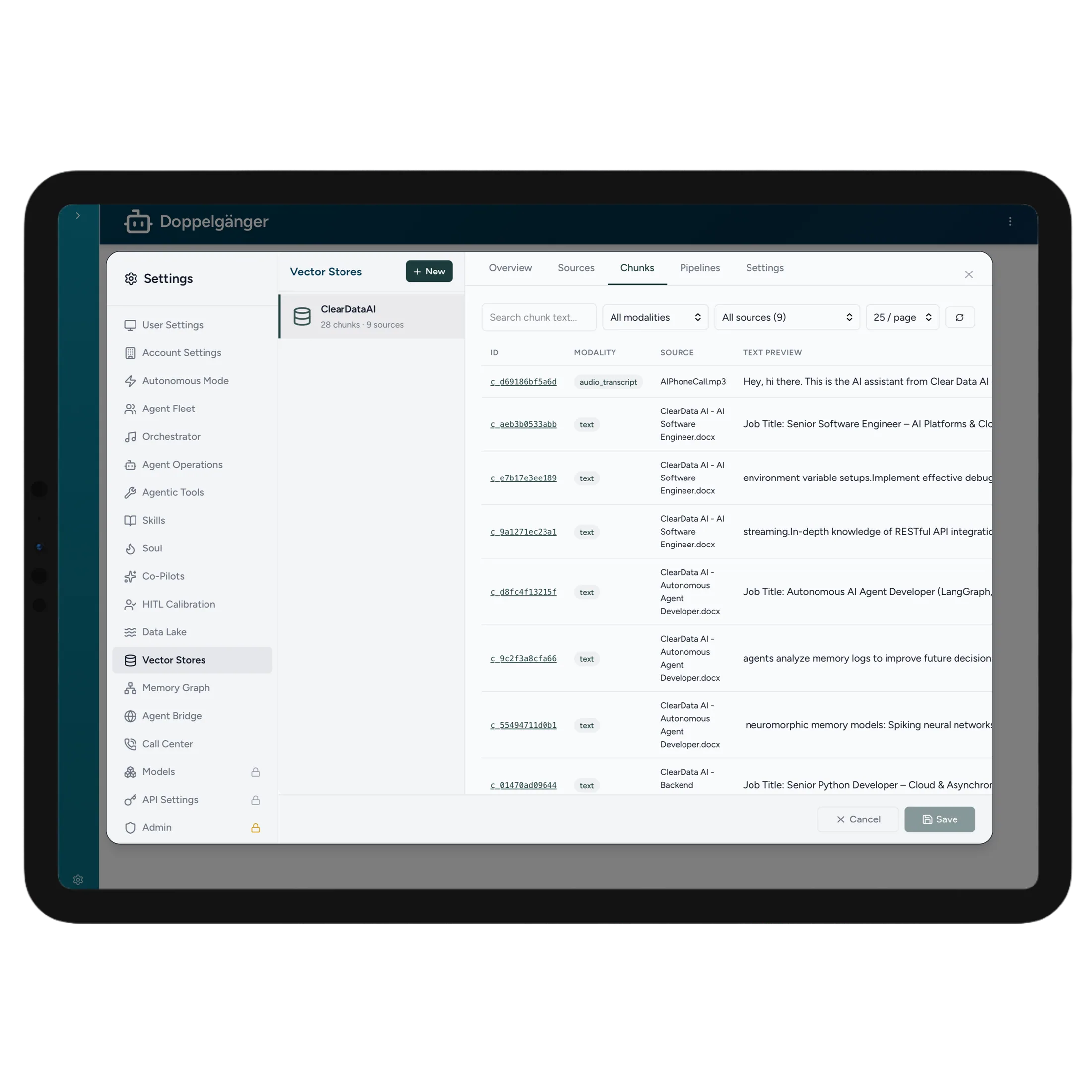 ClearData AI Suite vector store browser showing context-aware document chunks with source citations
