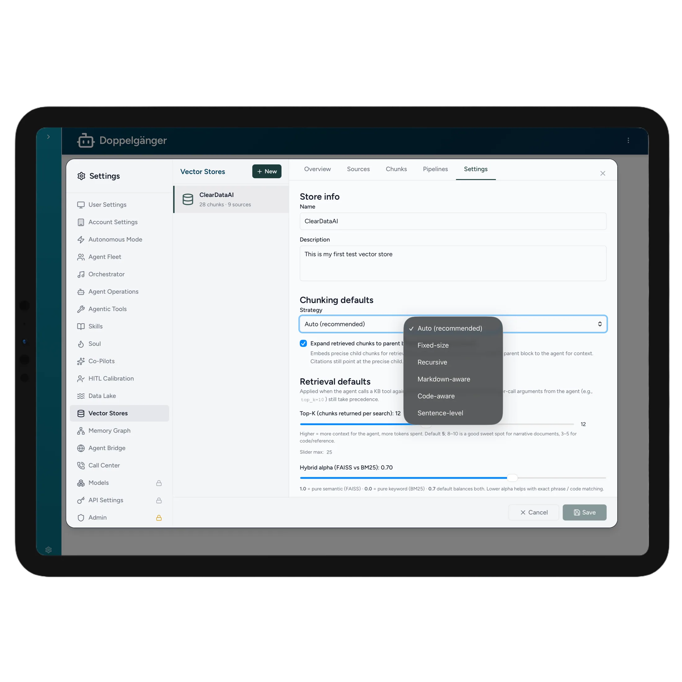 ClearData AI Suite chunking strategy and hybrid retrieval settings for vector embedding