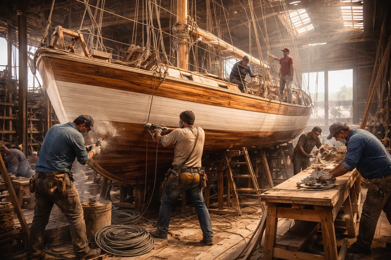 A crew of craftsmen restoring a sailboat's hull in a boatyard — keeping the LakeHouse vessel seaworthy