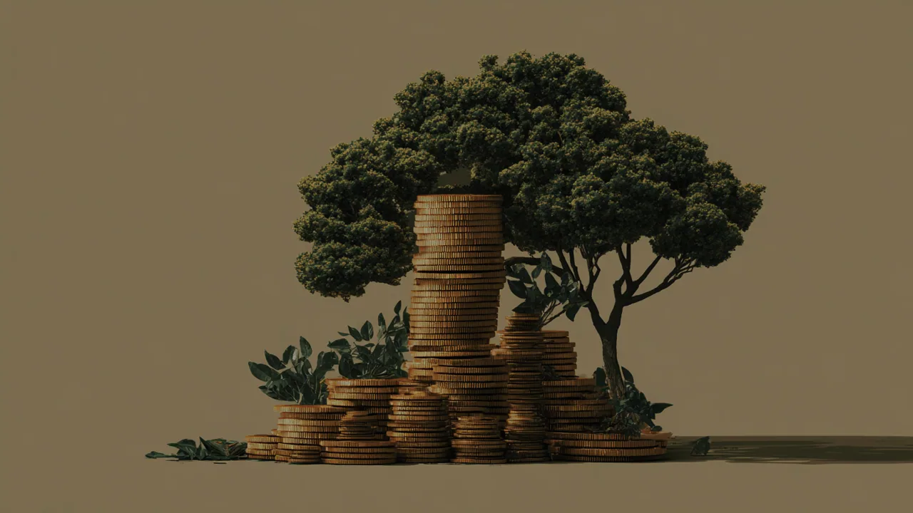 A tree growing from stacked coins — responsible, sustainable resource allocation in AI