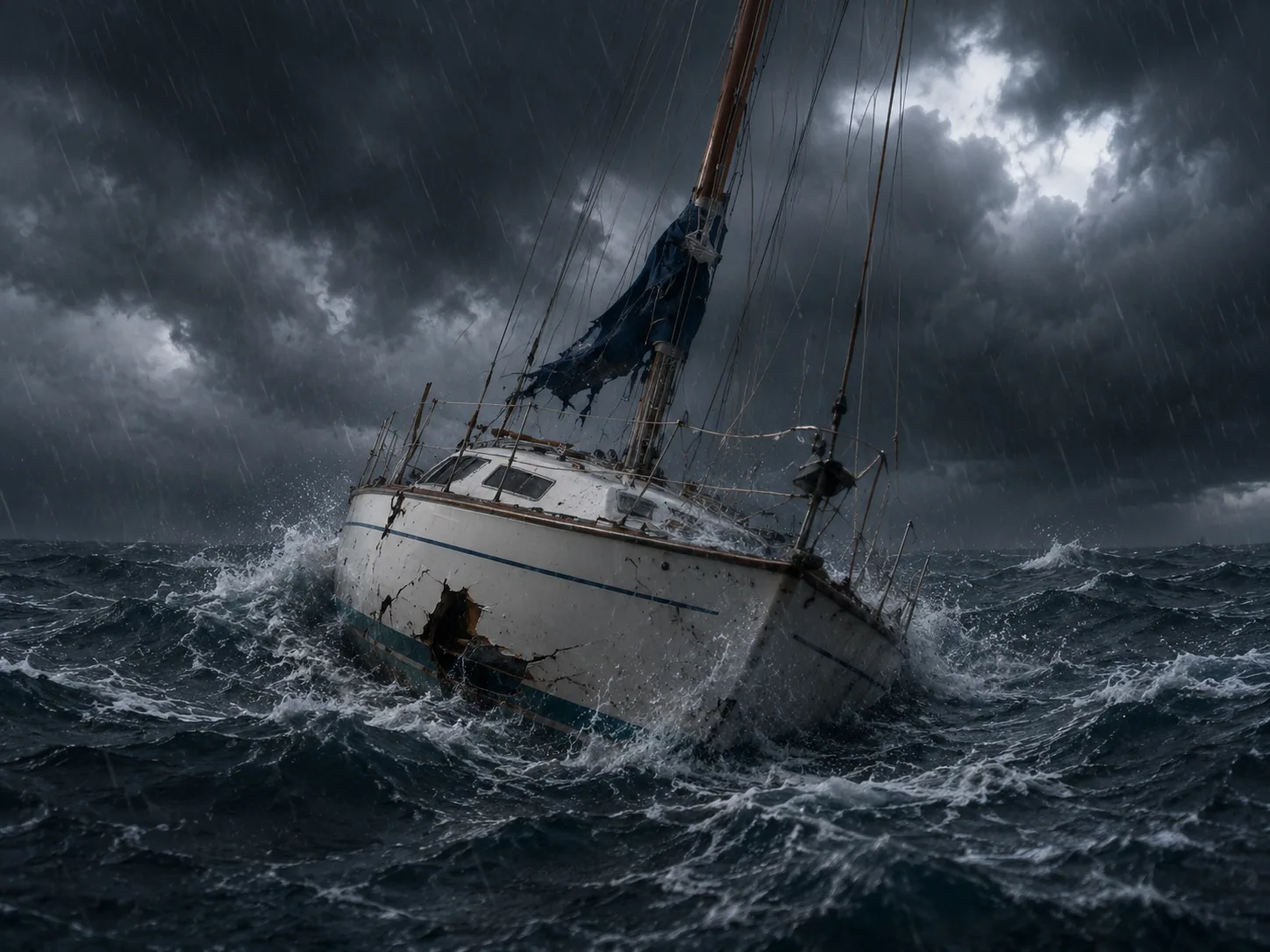 A sailboat battered by a dark, stormy sea in heavy rain