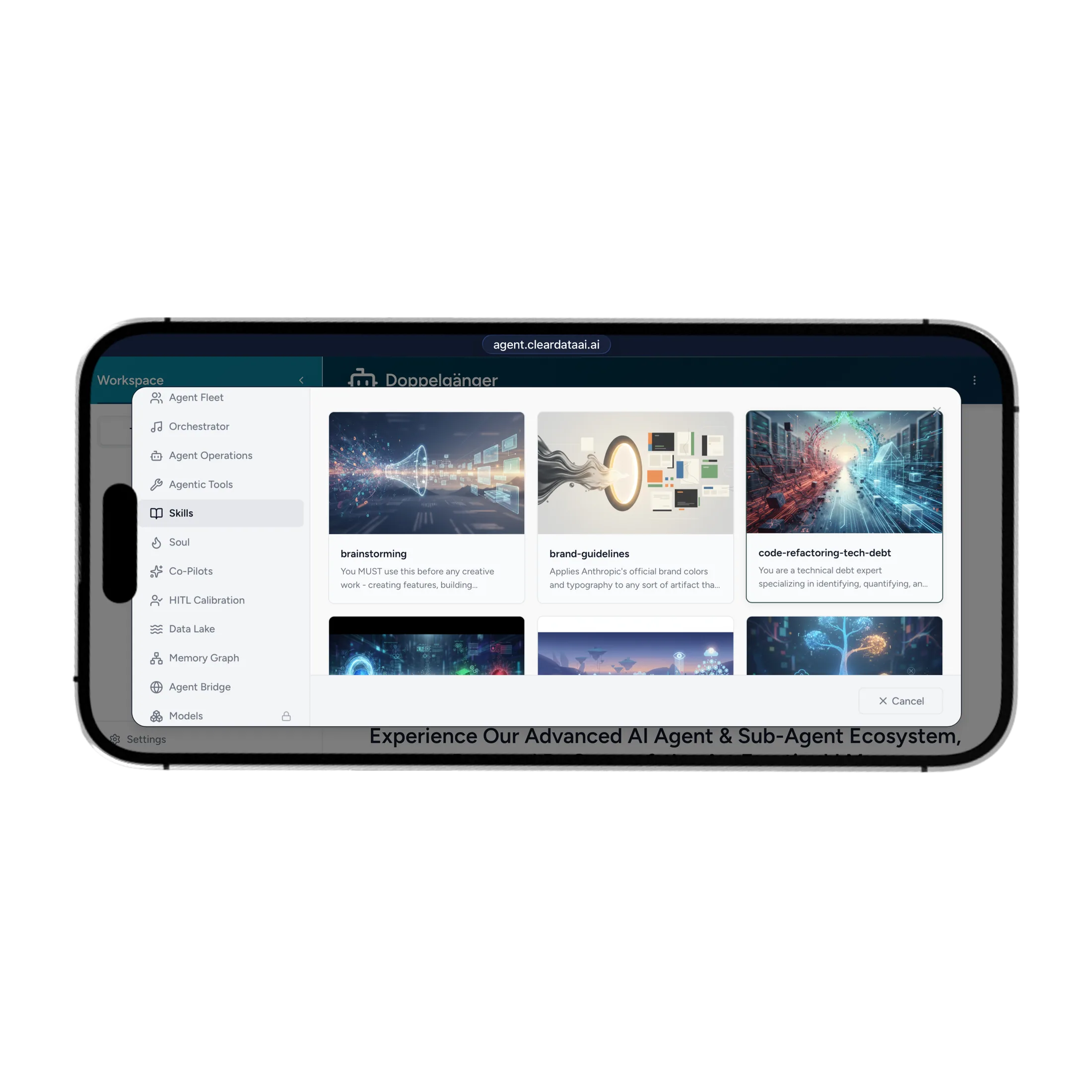 Agent skills library — reusable workflows loaded on demand in the ClearData AI platform