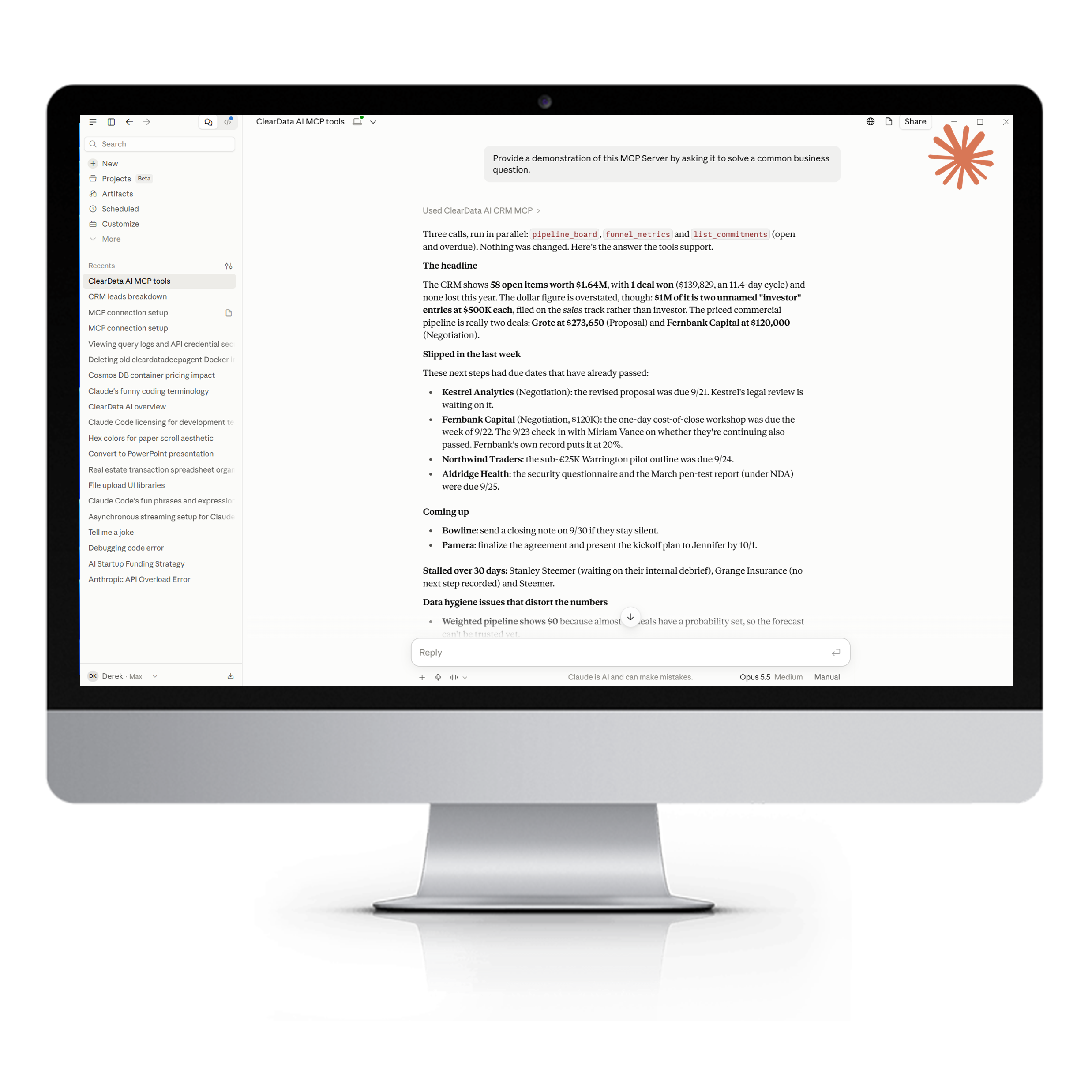 AI agent connected to ClearData AI CRM through MCP, preparing for a meeting and drafting a quote under per-person permissions