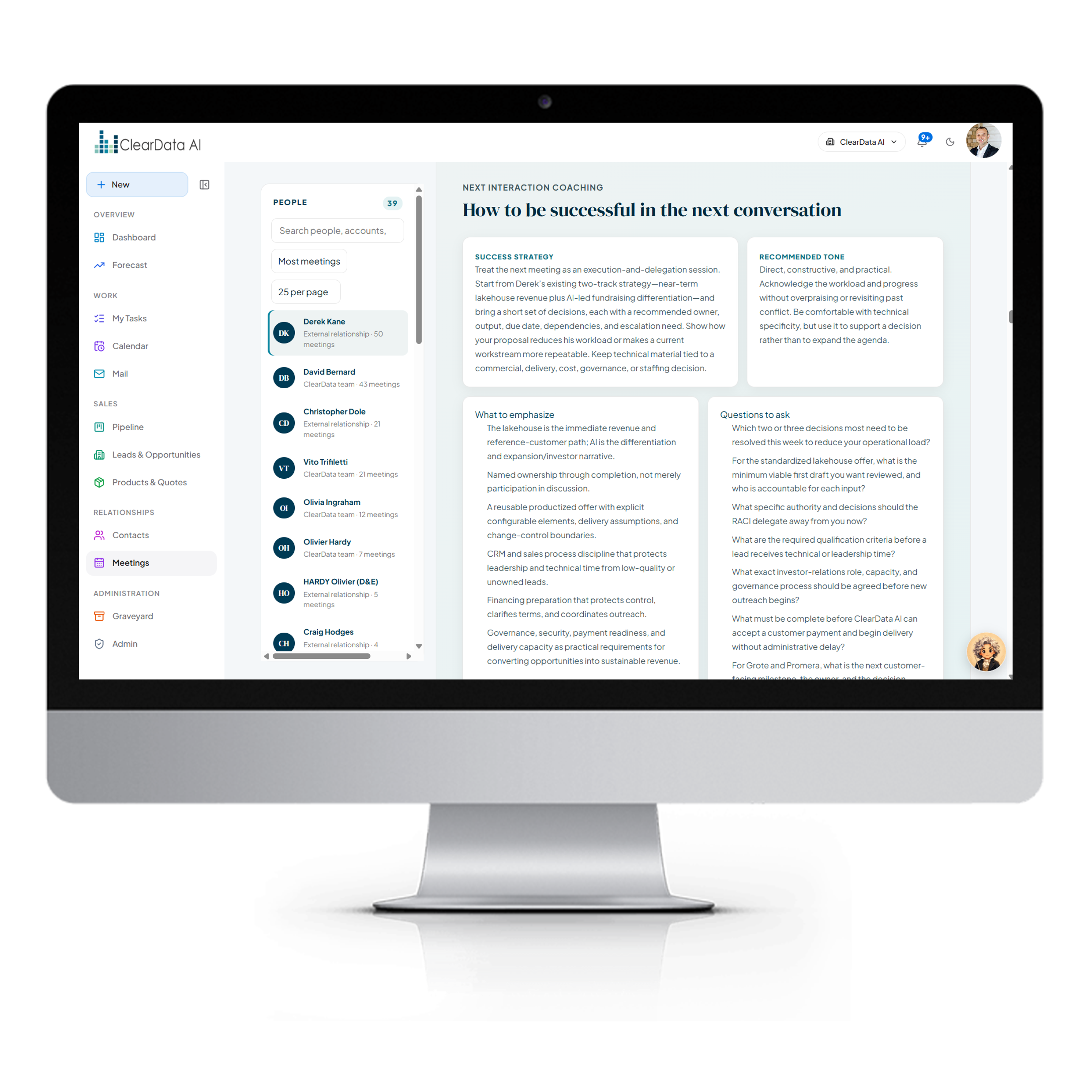 ClearData AI CRM contact relationship page with AI relationship brief, timeline, and open commitments