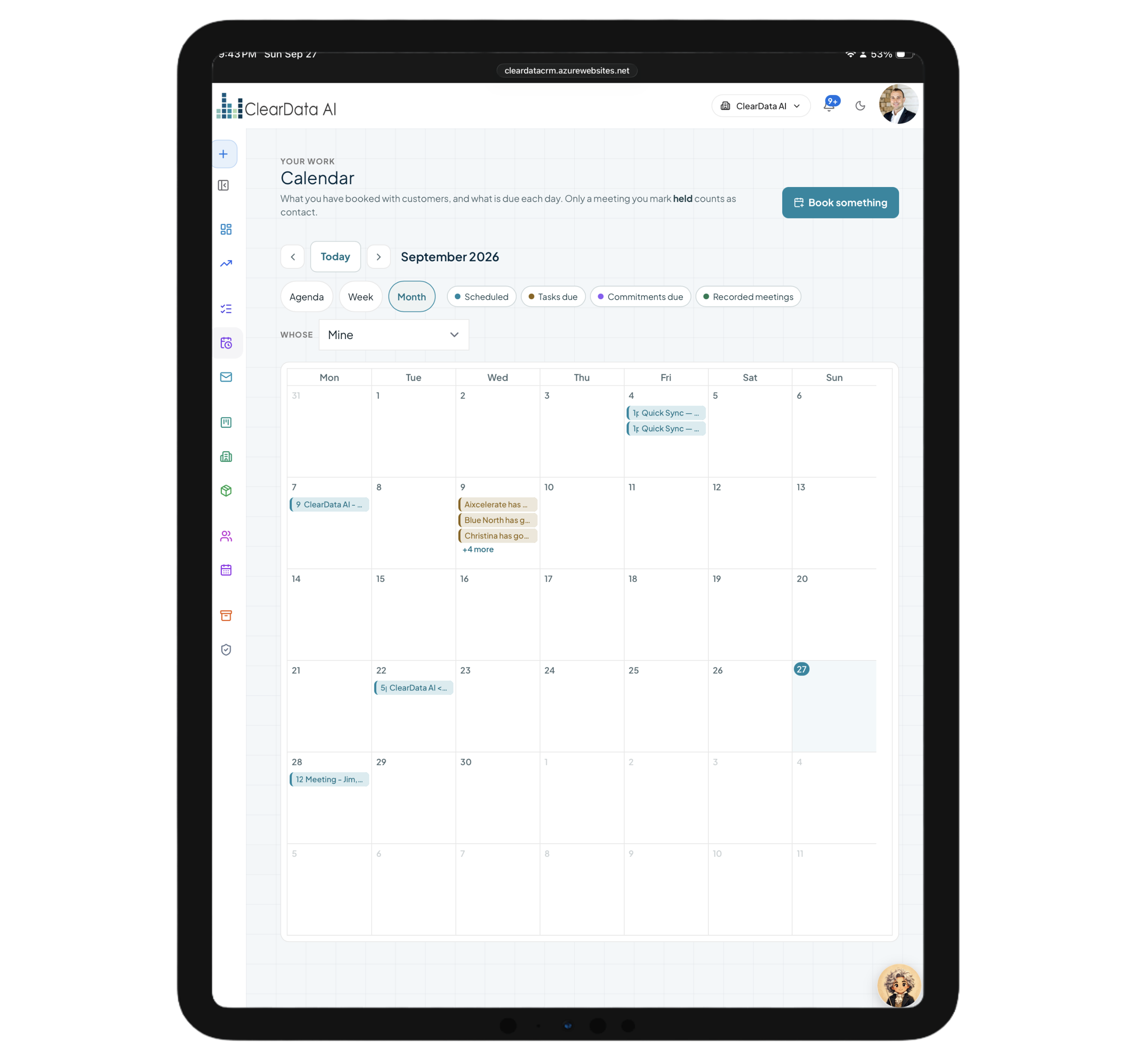 AI meeting prep and coaching plan in ClearData AI CRM on a tablet