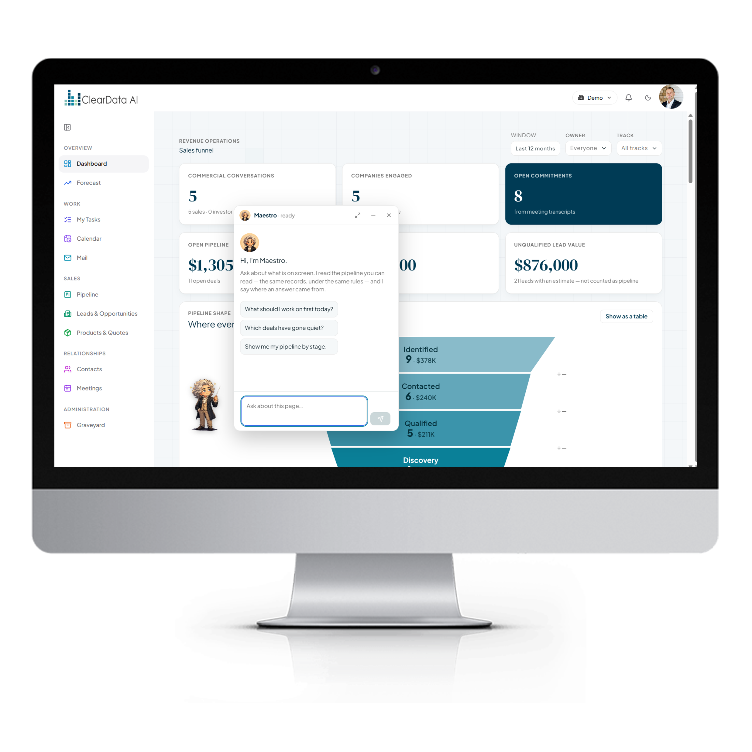 Maestro AI assistant in ClearData AI CRM generating a sales dashboard with charts from a plain-language question