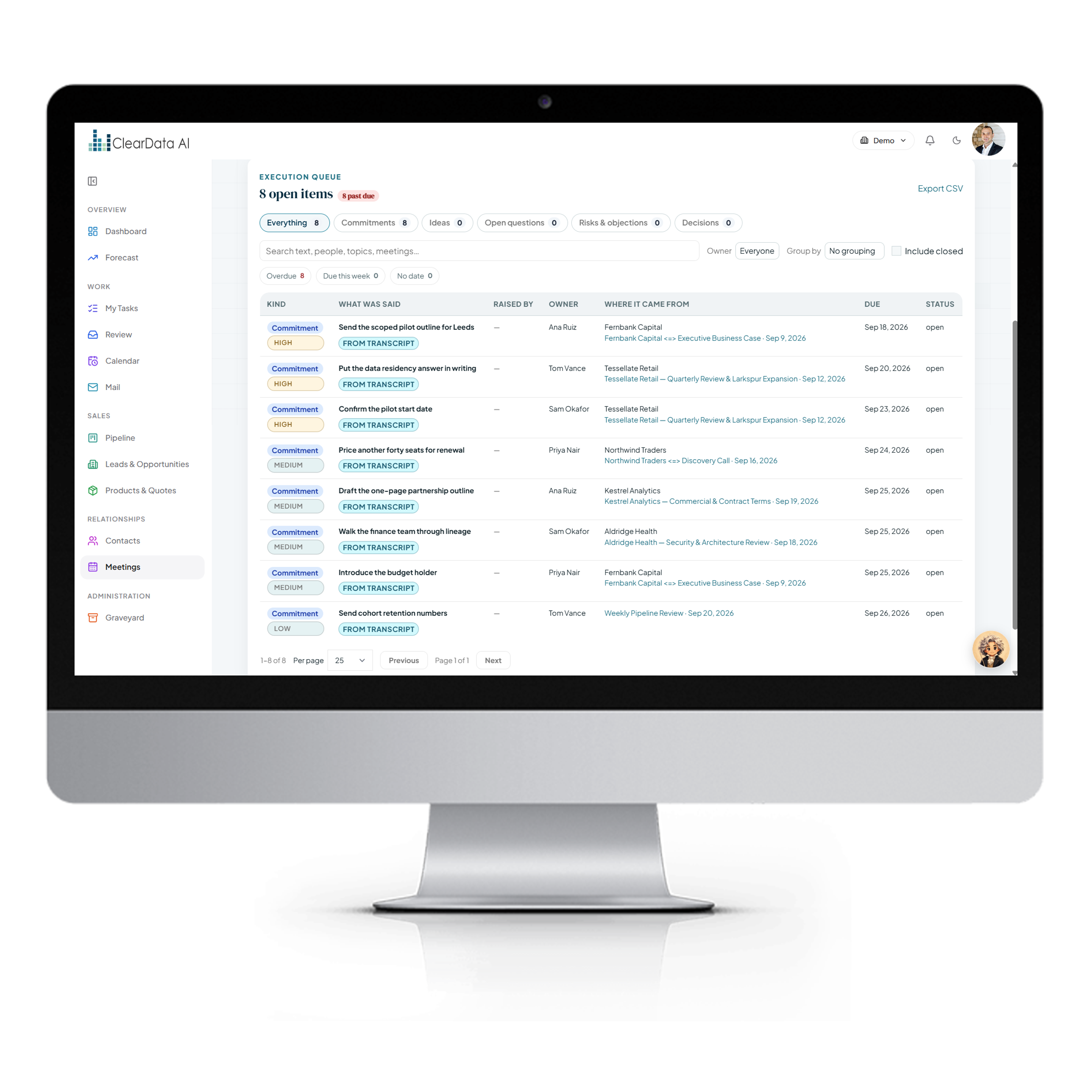 ClearData AI CRM meeting intelligence review inbox with AI-extracted commitments and opportunities from Teams transcripts