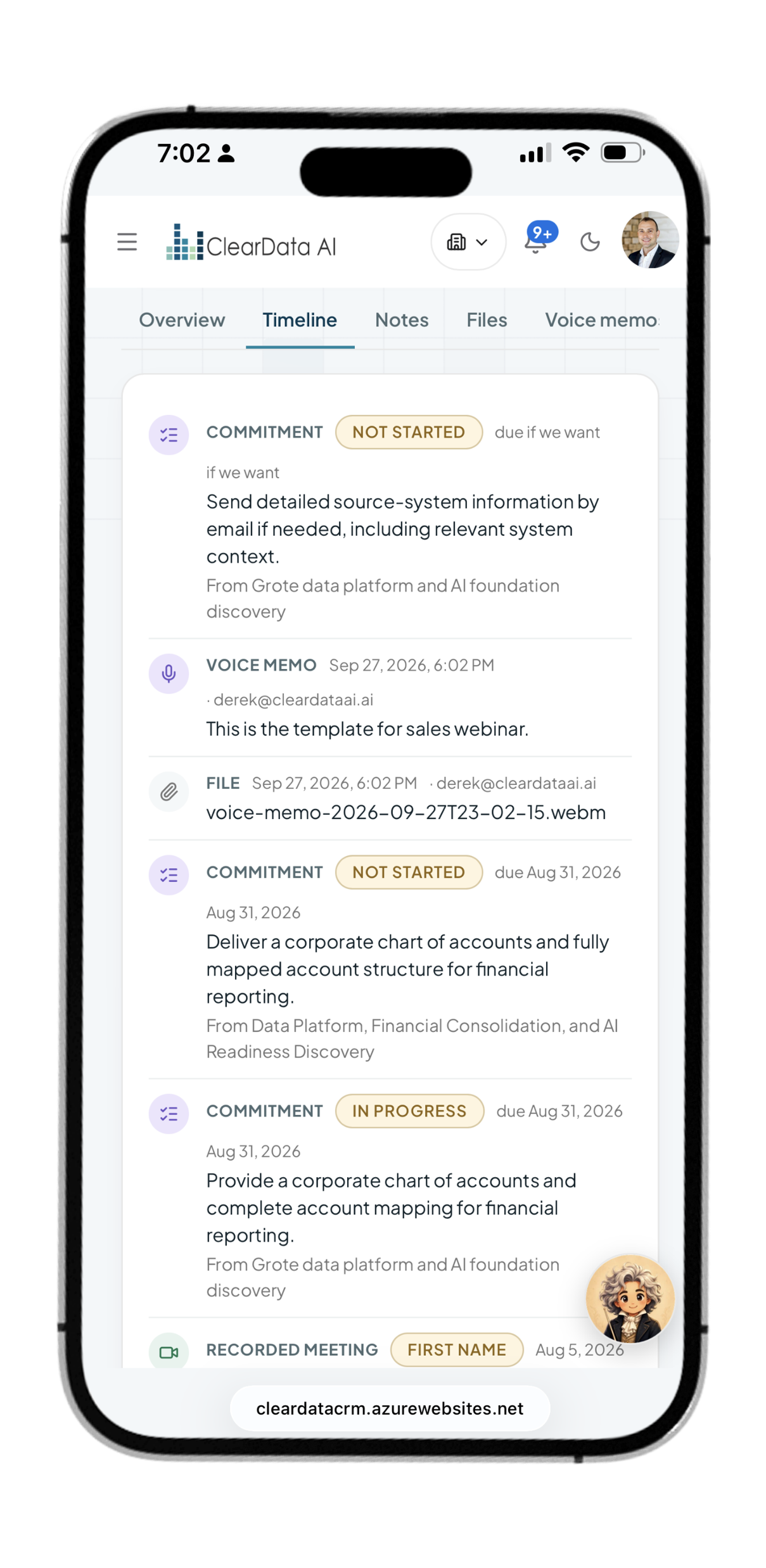 Voice memo capture and transcription in ClearData AI CRM on mobile