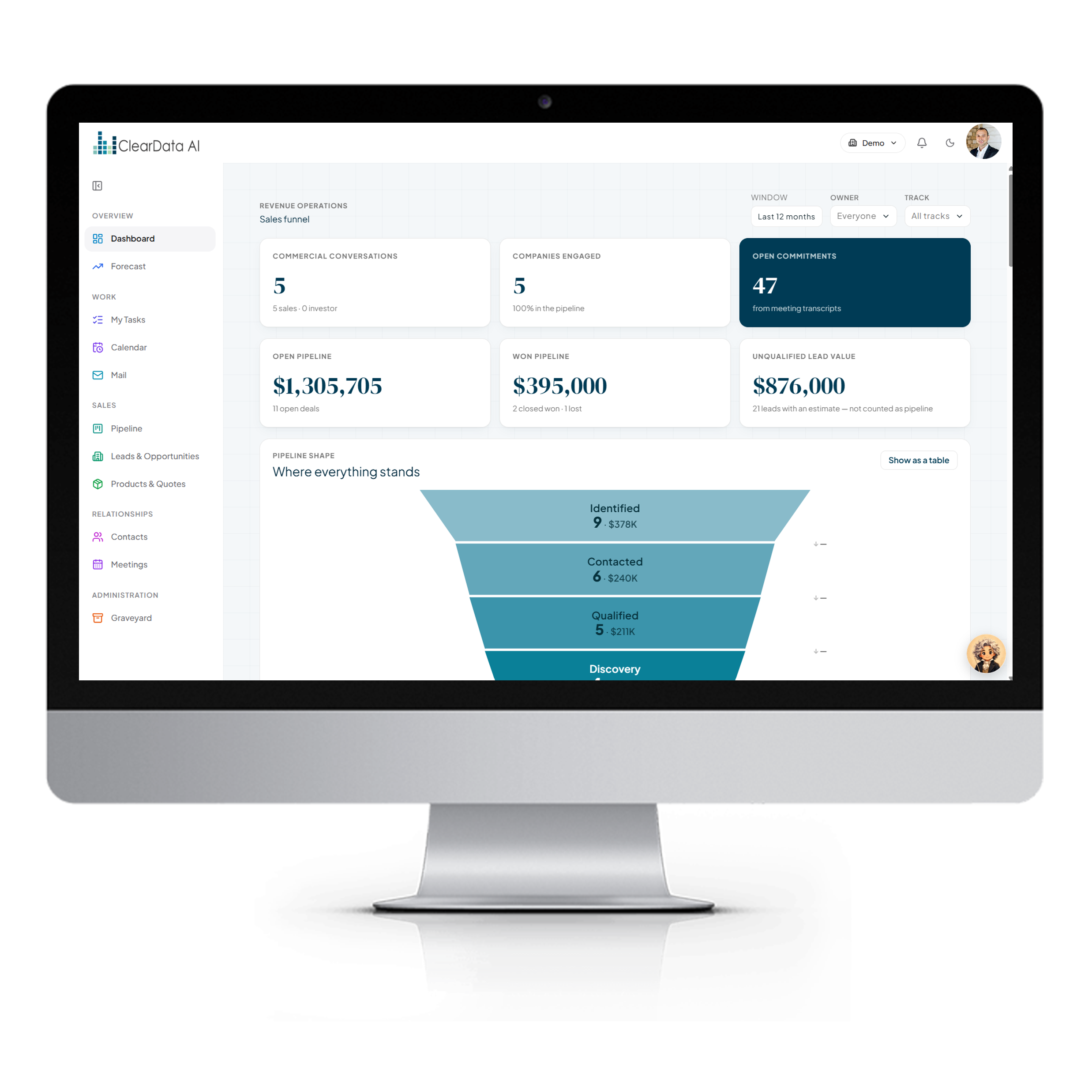 ClearData AI CRM sales dashboard on desktop with weighted pipeline, funnel metrics, and leaderboard