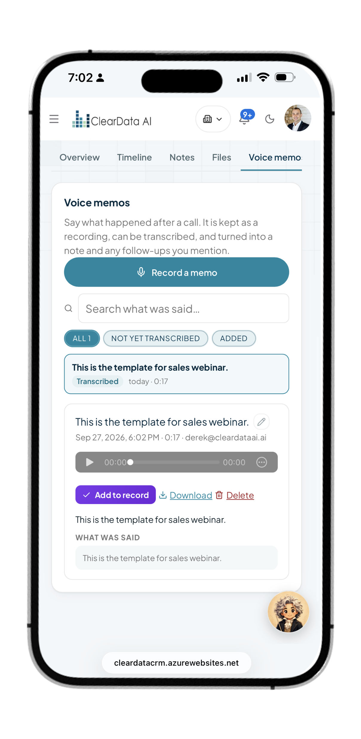 ClearData AI CRM mobile view of today's tasks and bookings