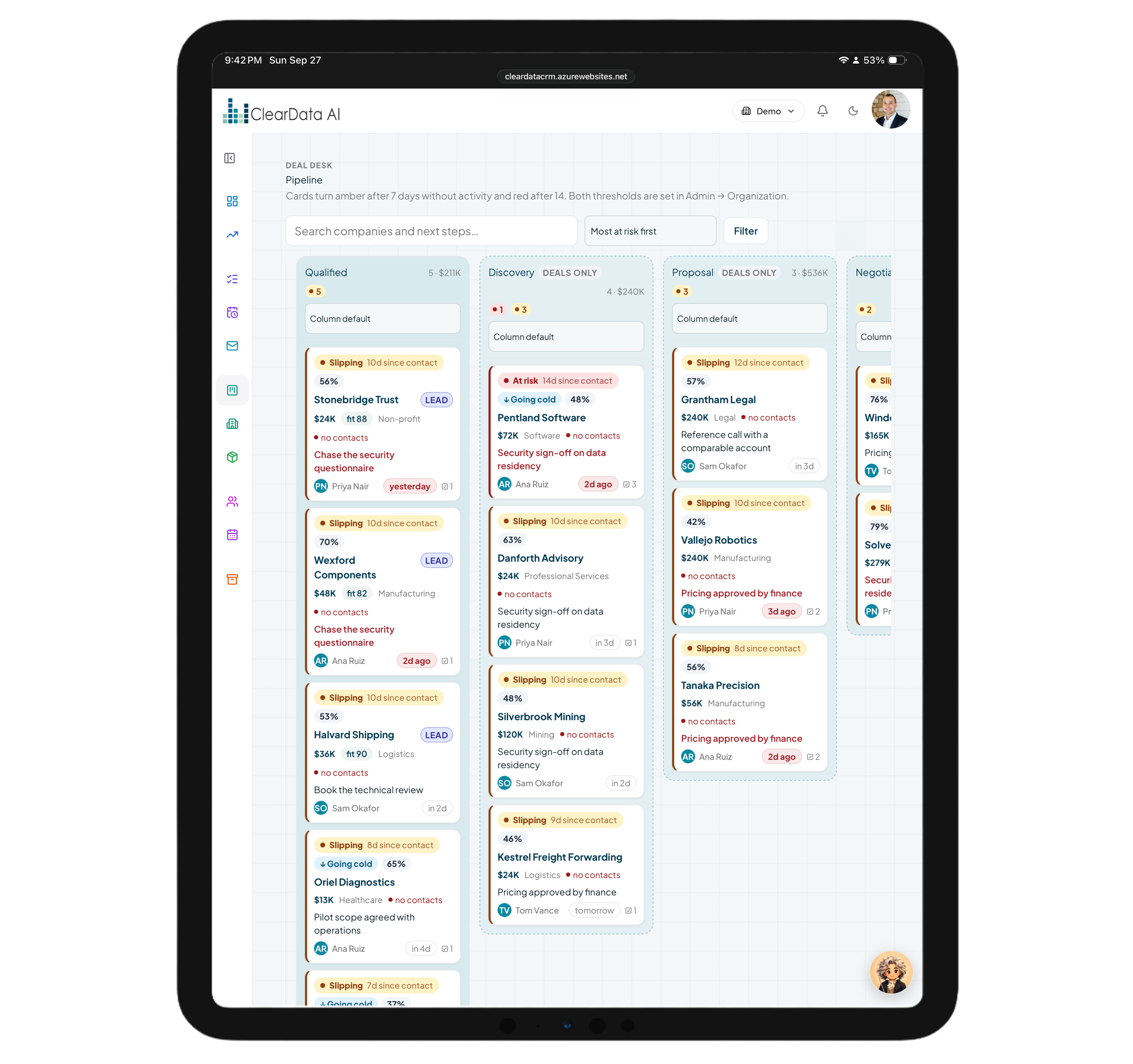 ClearData AI CRM on a tablet in portrait