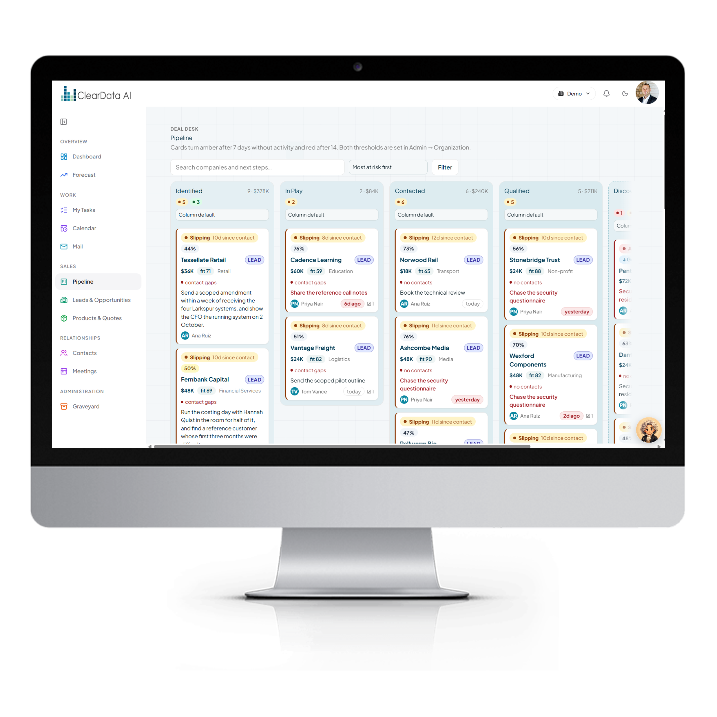 ClearData AI CRM drag-and-drop sales pipeline board with deal temperature and next-stage likelihood