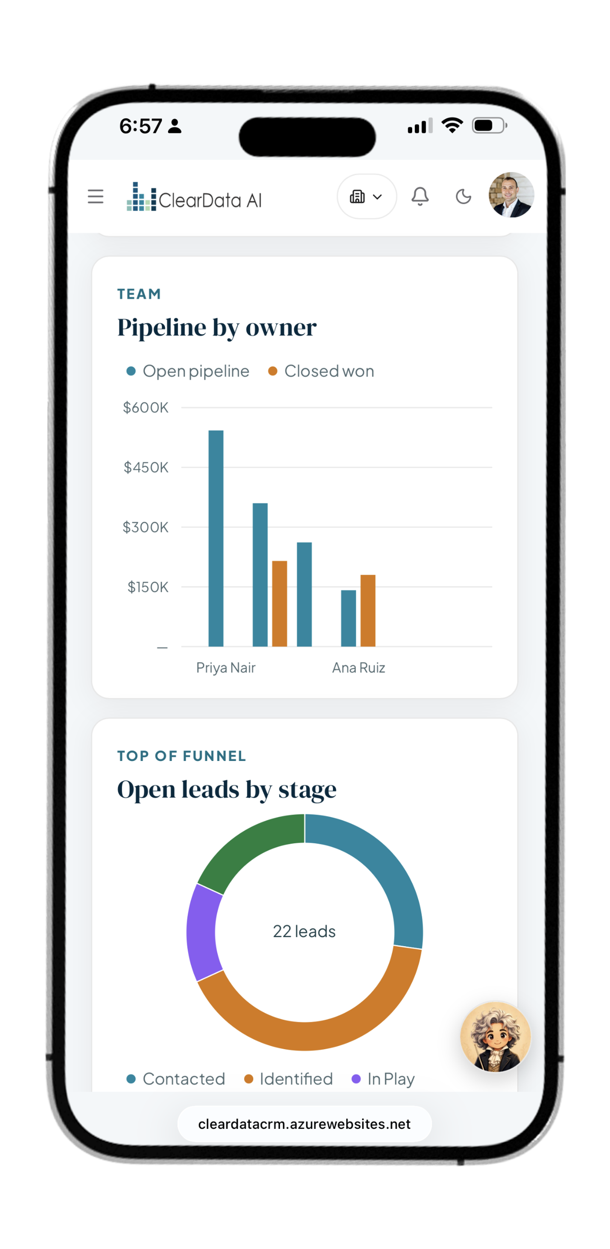 Sales pipeline and task queue in ClearData AI CRM on mobile