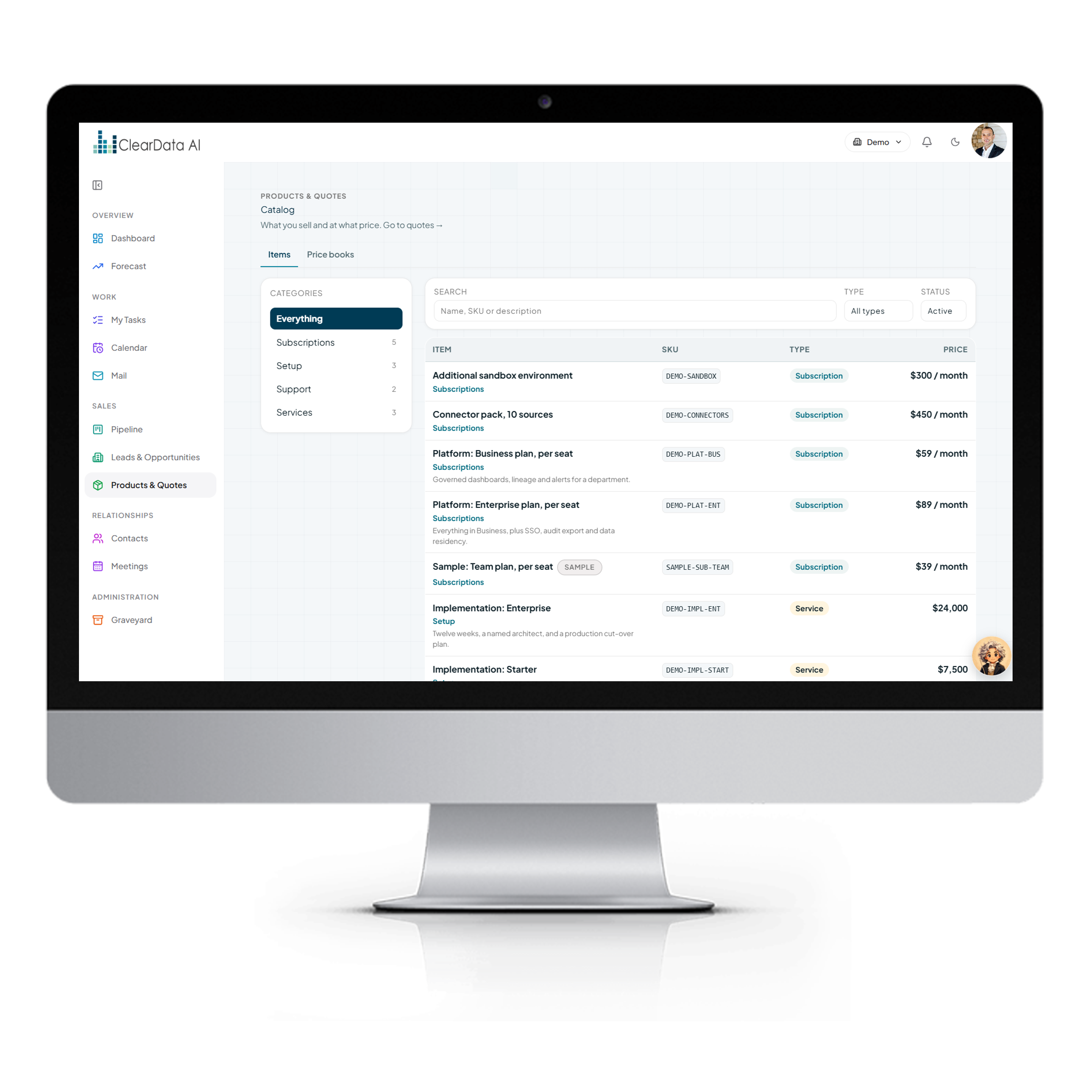 ClearData AI CRM quote builder with product catalog, price books, and approval status