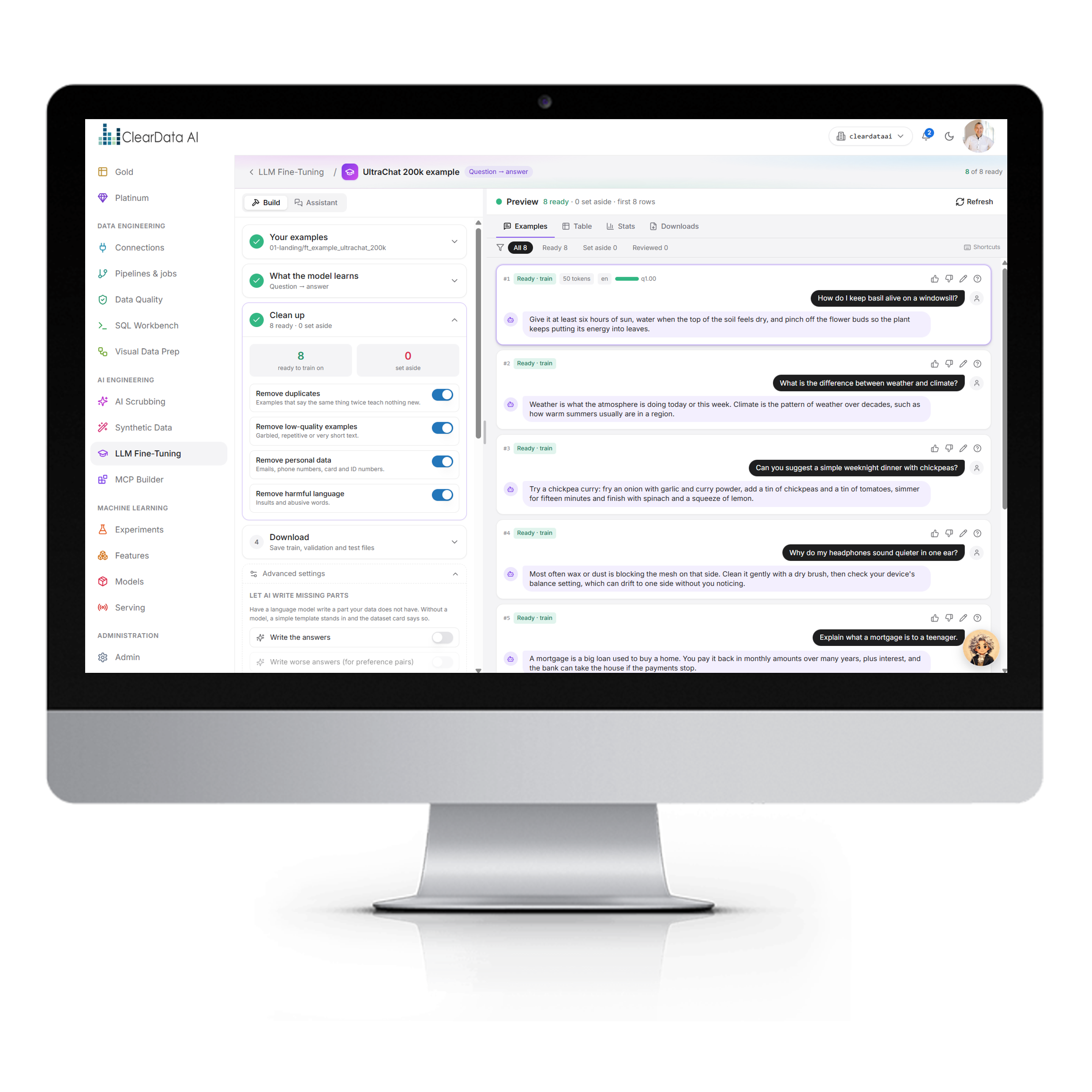 AI Data Foundry LLM fine-tuning dataset builder with format selection, clean-up switches, and chat-bubble preview