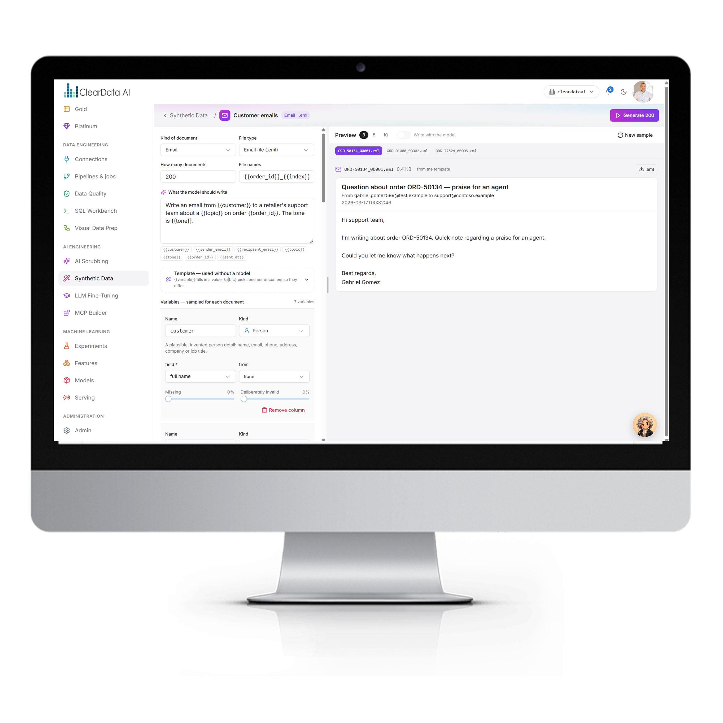 Synthetic email messages generated by the AI Data Foundry for testing and training