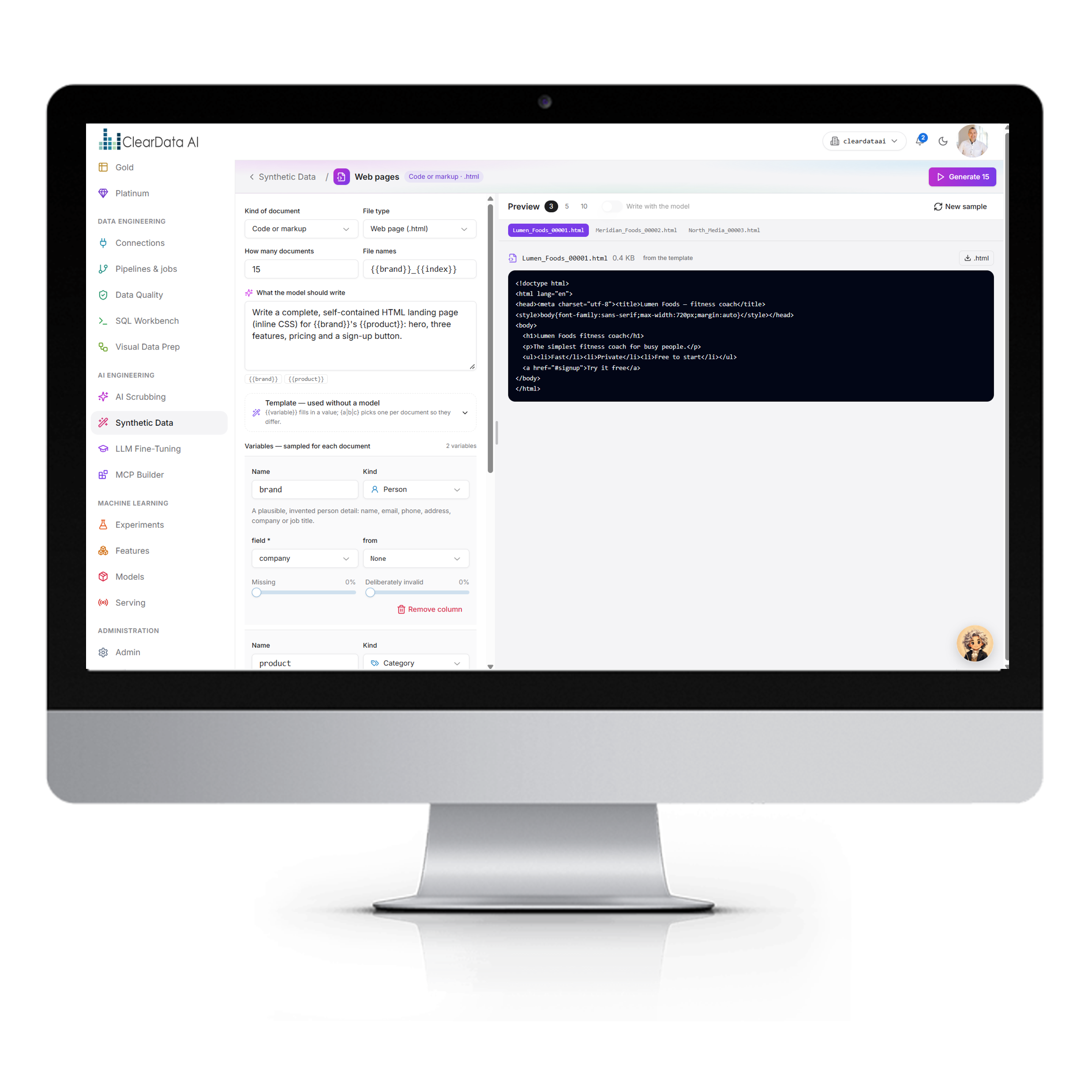 Synthetic HTML pages and markup generated by the AI Data Foundry