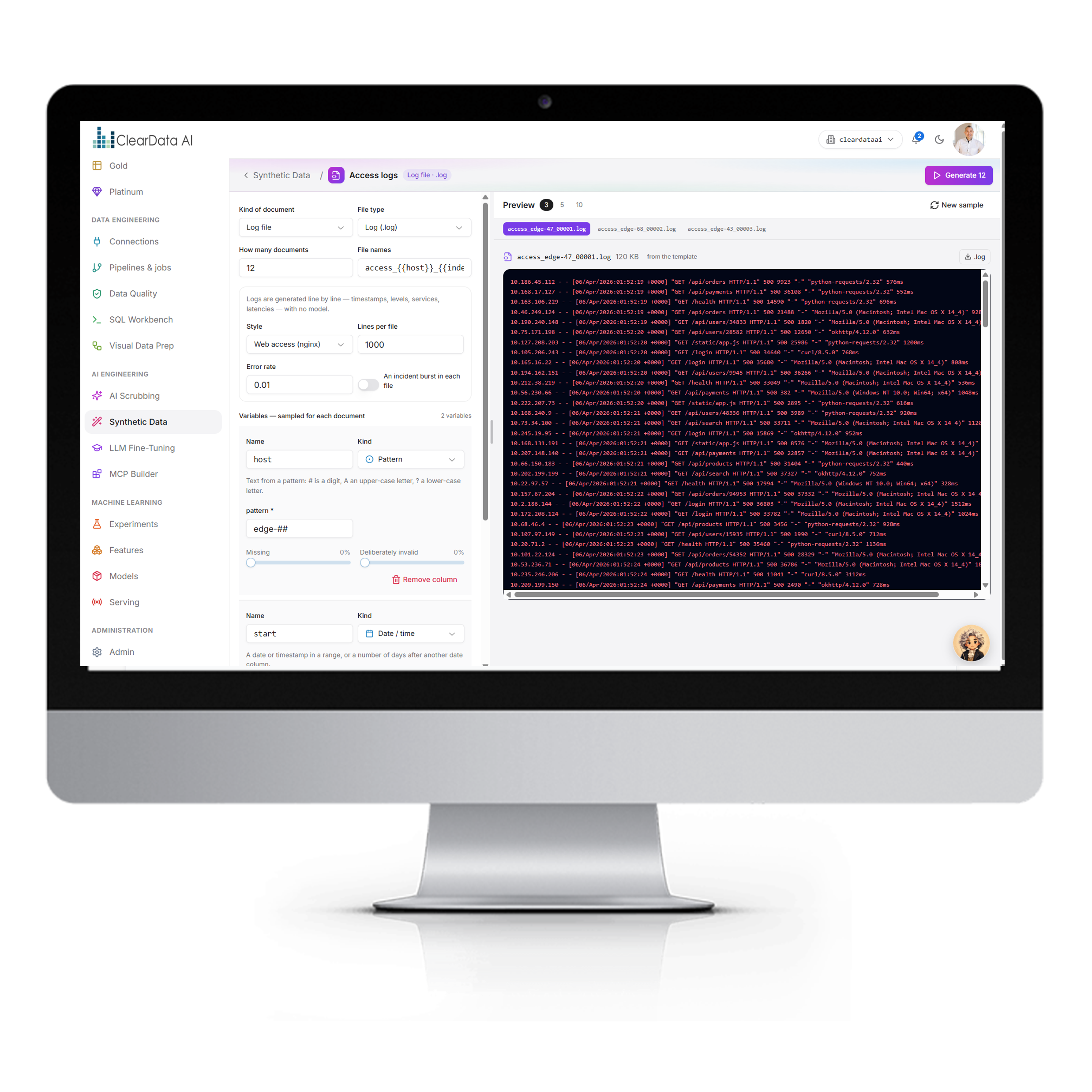 Synthetic application and system logs generated by the AI Data Foundry