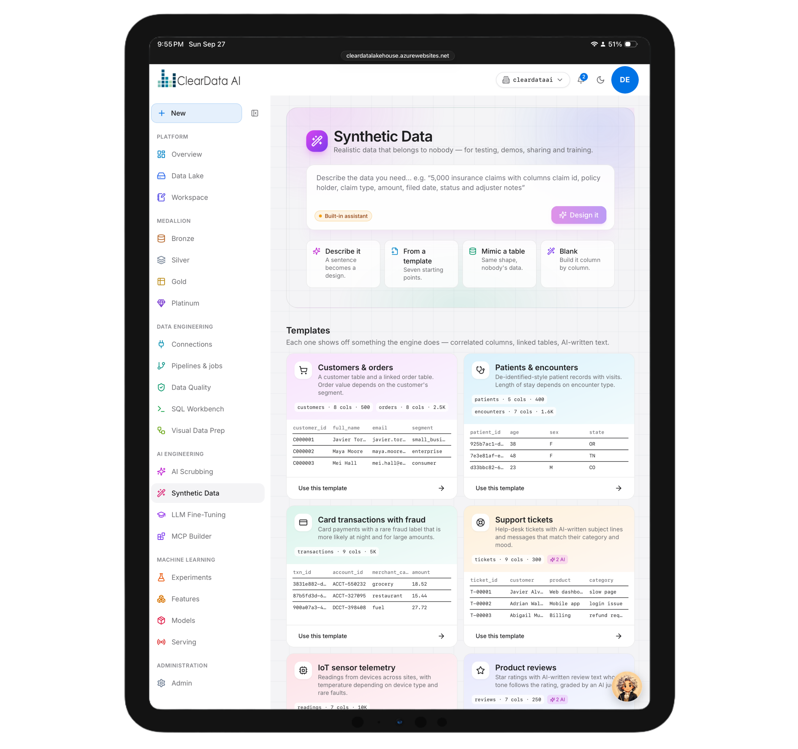Synthetic data quality dials for fidelity, diversity, validity, and privacy on a tablet