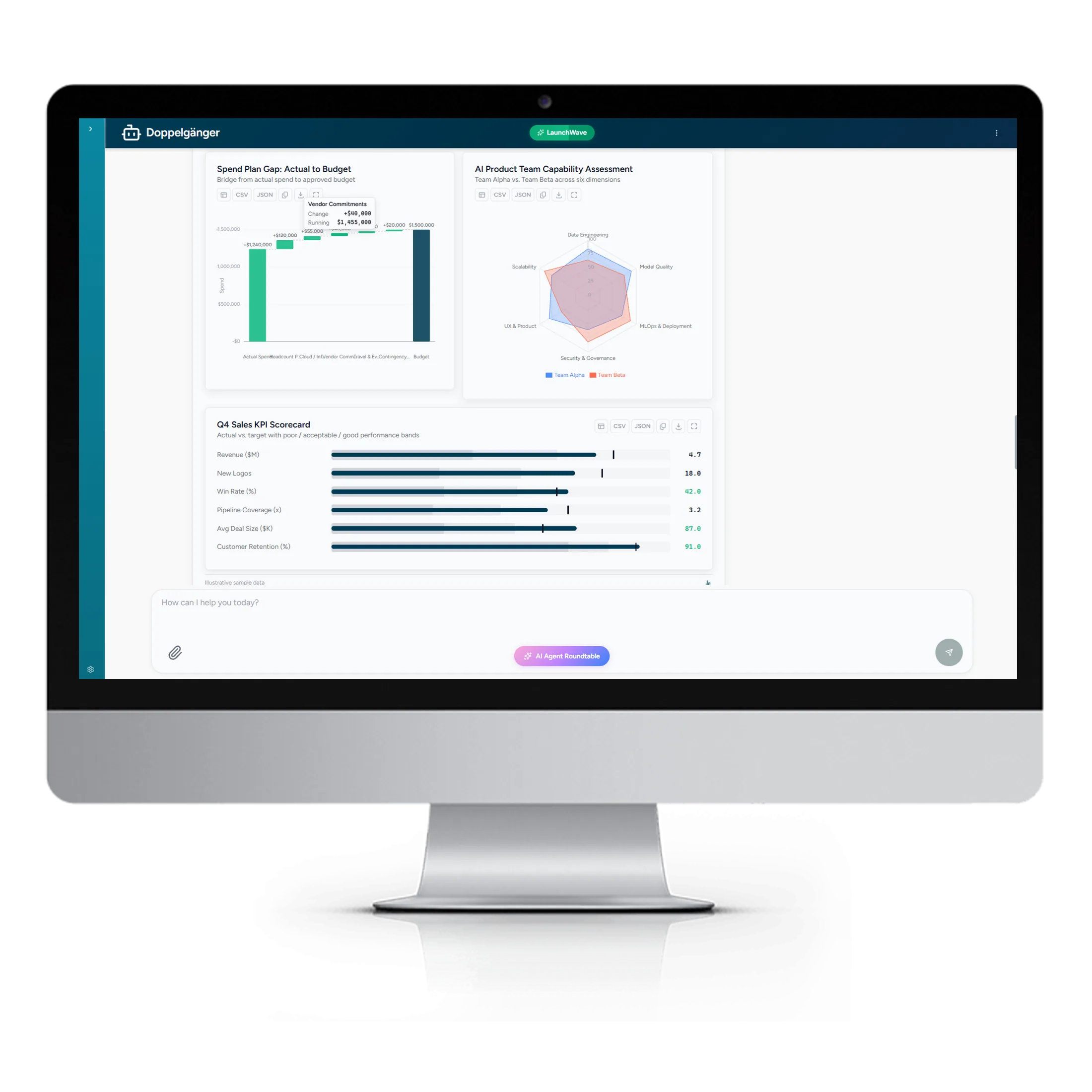 ClearData AI Suite conversational workspace rendering charts and cited answers on demand